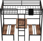 Twin Over Twin Bunk Bed, Convertible Twin Bunk Bed w/Desk & Storage & 2 Seat, Heavy Duty Metal Twin Loft Bed Frame with Safety Guardrails & EVA Padded Ladder for Teens(Cushion not Included)