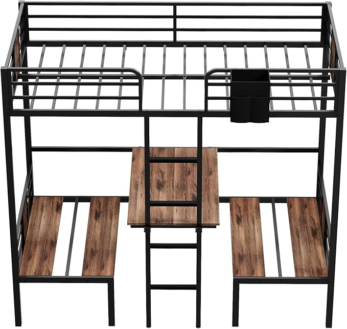 Twin Over Twin Bunk Bed, Convertible Twin Bunk Bed w/Desk & Storage & 2 Seat, Heavy Duty Metal Twin Loft Bed Frame with Safety Guardrails & EVA Padded Ladder for Teens(Cushion not Included)