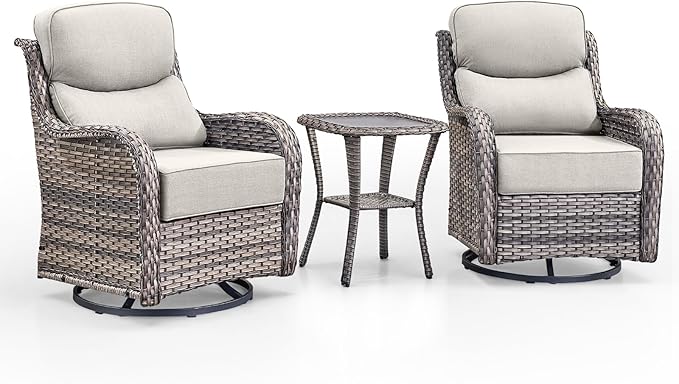Swivel Patio Chairs Set of 3 with 6" Thick Cushion - Wicker Outdoor Swivel Rocker Patio Chairs with Side Table, High Back Comfortable Outdoor Glider Chair - Grey Wicker | Beige Cushions