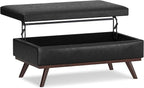 SIMPLIHOME Owen 42 inch Wide Mid Century Modern Rectangle Lift Top Large Coffee Table Storage Ottoman in Distressed Black Vegan Faux Leather, Assembled, for the Living Room, Entryway and Family Room