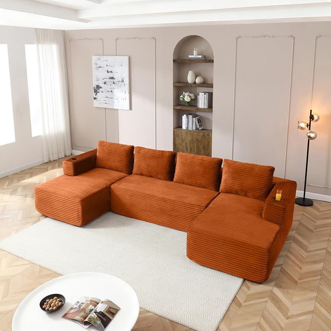 132 Inch Modular Sectional Sleeper Sofa, Boneless Cloud Couch for Living Room, U Shaped 5 Seat Sofa with 2 Cup Holders, Free Combination, No Assembly Required (Orange)