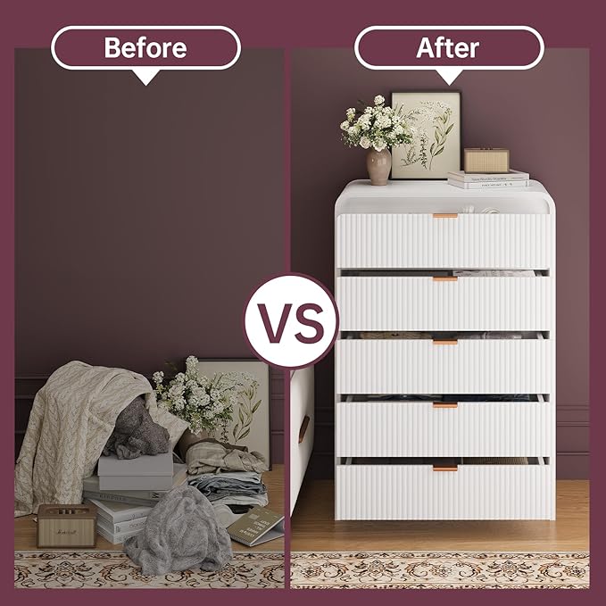 FURSUN Fluted 5 Drawers Dresser for Bedroom, 48" Tall Wooden Modern Dresser with Metal Handle, Curved Profile Design, Storage Organizer for Bedroom, Hallway (White)