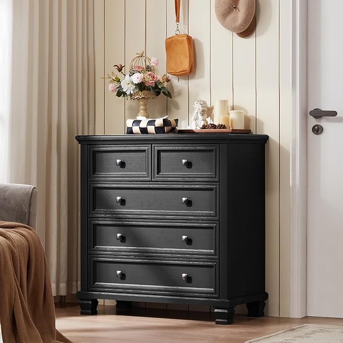 Farmhouse Bedroom Dresser and Nightstand Set of 4, 6 Drawer Tall & 5 Drawers Dresser & 3 Drawer Nightstand Set with Wooden Legs, Rustic Wood Bedroom Furniture for Livingroom, Hallway, Black
