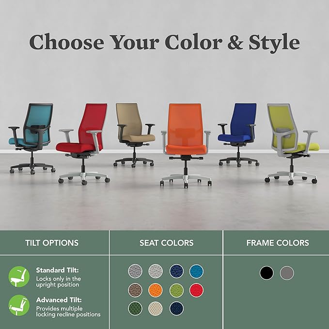 HON Ignition 2.0 Mid Back Task Chair, Spectrum Mesh, Advanced Synchro-Tilt Control, Office Chair with Lumbar Support, Height and Width Adjustable Arms, Black Frame, Salamander