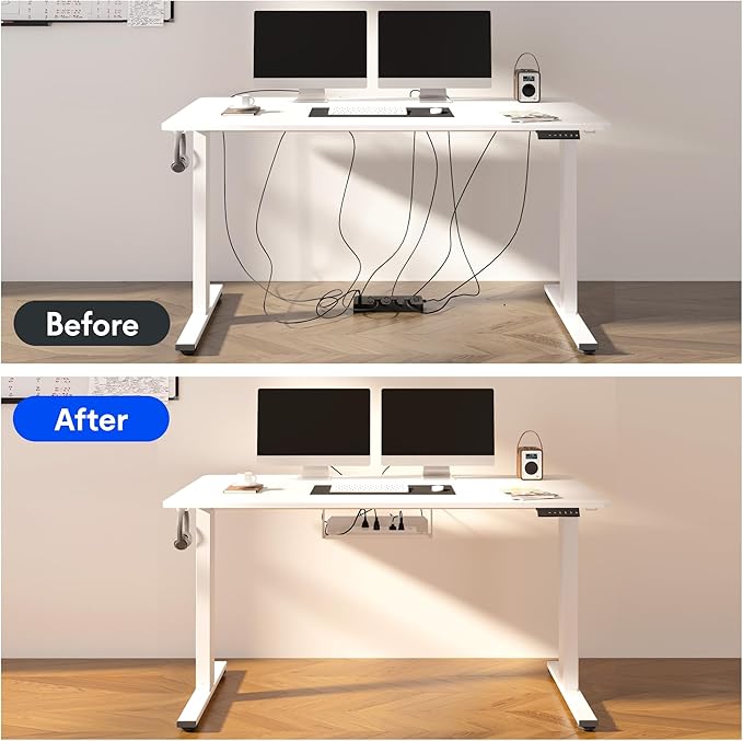 FLEXISPOT EN2 Whole-Piece Standing Desk with Clamp Power Strip, 60 x 24 Electric Stand Up Height Adjustable Desk with Cable Management (Black Frame + 60" White Top, 2 Packages)