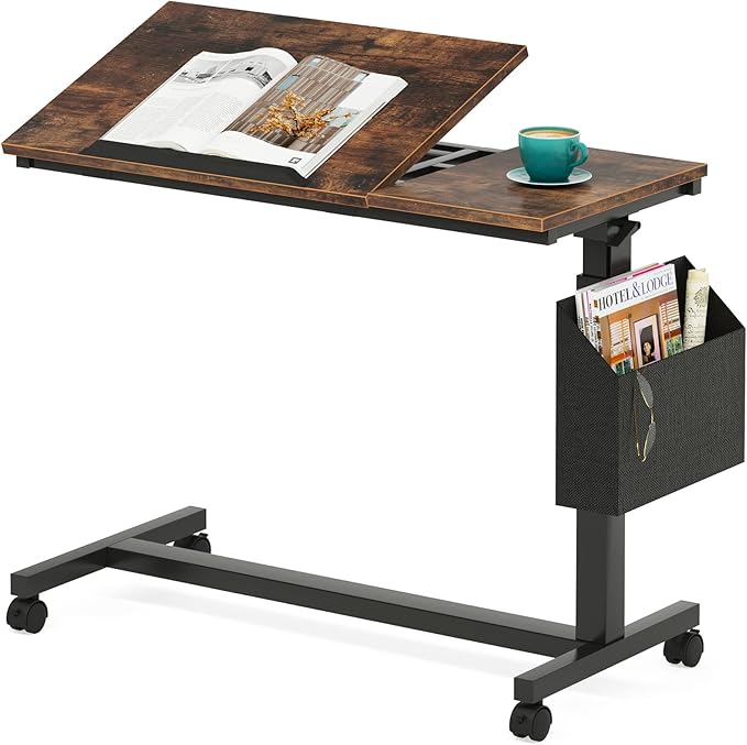 Tribesigns Height Adjustable C Shaped End Table with Wheels and Side Pocket, Mobile Sofa Snack Table with Tiltable Drawing Board, Laptop Side Tray Table for Couch Bed (Rustic Brown)