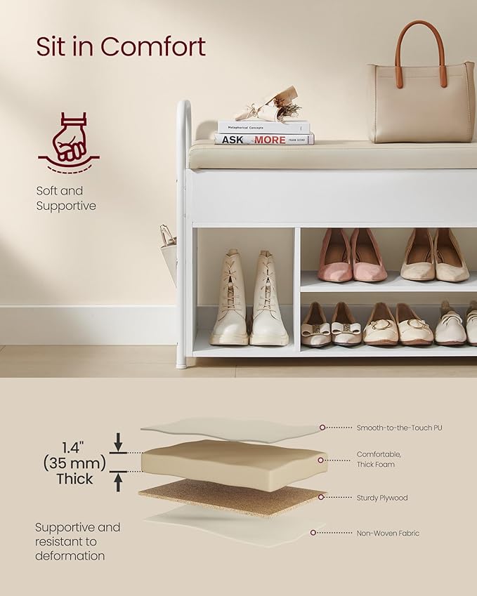 VASAGLE Shoe Bench, Shoe Rack, Entryway Furniture, Inner Storage Under The Lid, PU Pockets, Convenient Handles, for Entryway, Living Room, Bedroom, Cloud White and Cuppuccino Beige ULSB052W01