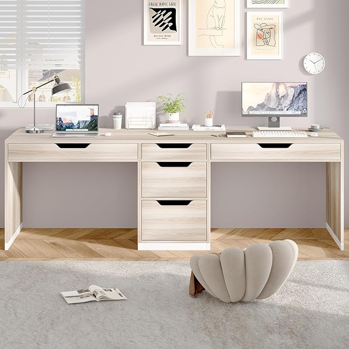 Two Person Desk with 5 Drawers, Double Desk with Storage for 2 People, 78 Inch Extra Long Computer Desk Workstation with File Drawer for Home Office, White and Walnut