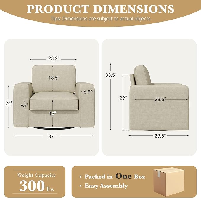 Swivel Accent Sofa Chair Set of 4, Modern Comfy Oversized Upholstered Cushion Back Armchair in Linen 1pcs for Living Room, Bedroom, Reading Room(Beige)