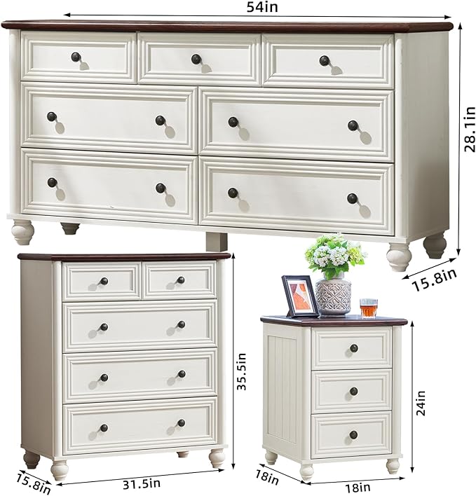 Farmhouse Dressers & Night Stand Set of 4, Wood 54" Wide 7 Drawer Dresser & 35" Tall Chest of Drawers, 18" Roman Column Nightstand Set of 2, Bedroom Furniture Dresser Sets for Home Living Room Hallway