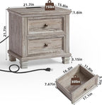 Farmhouse Nightstand Set of 2 for Bedroom, Mid-Century Low Nightstands with 2 Drawers & Charging Station, Vintage Night Stands with 4 Square Solid Wood Legs, Small Dresser for Home, Grey