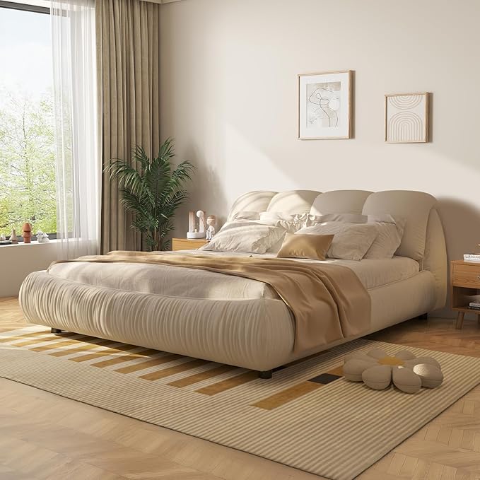 King Size Upholstered Platform Bed with Oversized Padded Backrest and Solid Wood Frame for Bedroom, Apartment Room, Beige