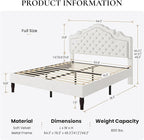 SHA CERLIN Full Size Bed Frame with Adjustable Headboard/Velvet Upholstered/Diamond Button Tufted and Metal Studs/No Box Spring Needed/Sturdy Wood Slat Support/Easy Assembly/White