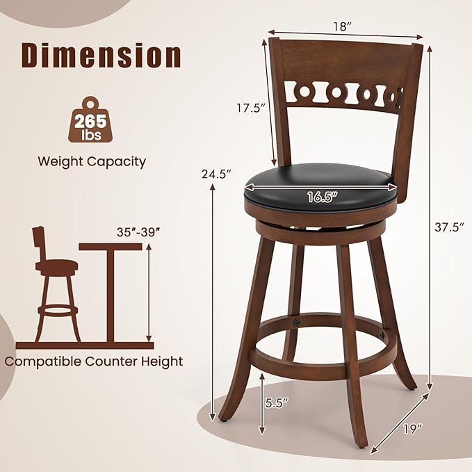 COSTWAY Bar Stools Set of 2, 24.5” Counter Height Bar stools with Solid Wood Legs, Cushioned Seat, Footrest, for Home, Kitchen Island, Bar (2, 24.5'' Seat Height)