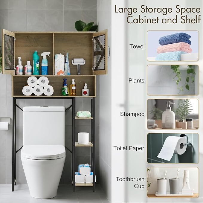 Extra Tall Over The Toilet Storage Cabinet with Side Storage, Modern Bathroom Space-Saving Organizer with Barn Doors, Sturdy Over-Toilet Shelf Unit for Bathroom