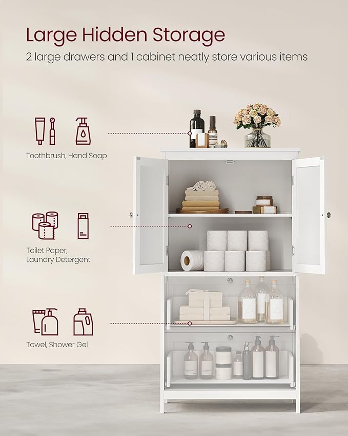 VASAGLE Floor Storage Cabinet, Freestanding Storage Unit with 2 Drawers and 2 Doors, Adjustable Shelf, 11.8 x 23.6 x 43.3 Inches, for Entryway, Bathroom, White UBBC551P31