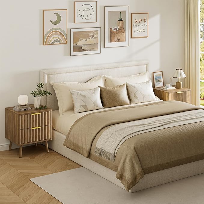 LYNSOM Fluted Dresser and Nightstand Set, 3 Pieces Bedroom Set, 55 Inch Wide 7-Drawer Dresser & 2-Drawer Nightstands Set of 2, Modern Dressers Set for Bedroom, Hallway, Natural Oak