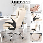 Office Desk Chair, Executive Leather Office Chair, High Back Ergonomic Home Desk Chair with Padded Flip-up Arms, Big and Tall Computer Chair with Rocking Function, 360°Swivel Free, Beige