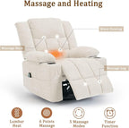 360° Swivel Rocker Recliner for Adults, Nursery Glider Recliner with Massage and Heating, Rocking Chair with Cup Holder, Manual Recliner Chair for Living Room, Bedroom (Fabric, Beige)