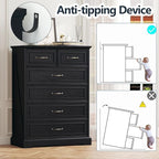 6 Drawer Dresser for Bedroom, 43" Tall Wooden Chest of Drawers, Rustic Farmhouse Dresser with Large Drawers & Metal Handles, Modern Storage Organizer for Closet, Living Room, Hallway, Black