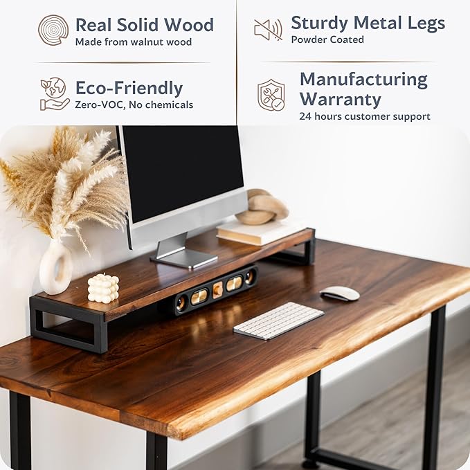 Wood Computer Desk with Monitor Stand - 48x27 Solid Wood Desk, Live Edge Walnut Desk, Sturdy Metal Legs - Scratch and Stain Resistant Finish - Premium Quality