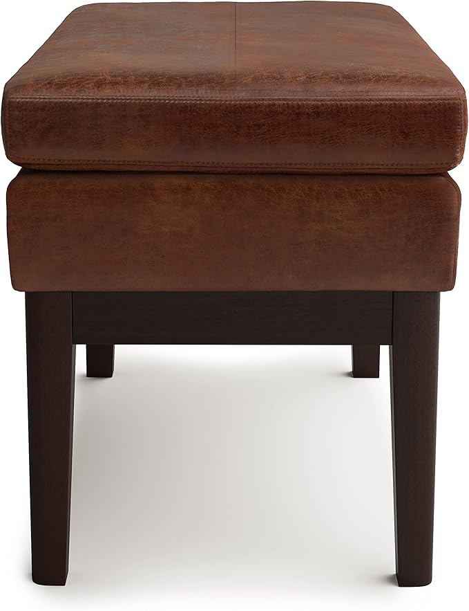 SIMPLIHOME Carlson 2-inch Wide Vegan Faux Leather Small Ottoman Bench in Distressed Black with Solid Wood Frame for Living Room, Entryway, or Bedroom