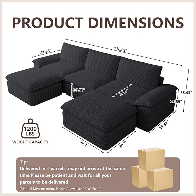113.03" Sectional Couches for Living Room Modern Modular Sofa with U-Shape Couchs Upholstered Corduroy Boneless Couch Deep Seat Cloud Couch with Ottoman, No Assembly Required, Black