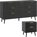 LYNSOM Fluted Dresser and Nightstand Sets 2 Piece, 2-Drawer Nightstands and 7-Drawers Dresser, Wood Bedroom Furniture Set for Home, Bedroom, Hallway, Black