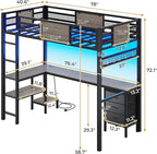ADORNEVE Loft Bed Twin Size with L-Shaped Desk, LED Lights,Charging Station, Twin Metal Loft Bed Frame with Fabric Drawers & Shelve, 13.4" H Safety Guardrail, No Box Spring Needed, Grey
