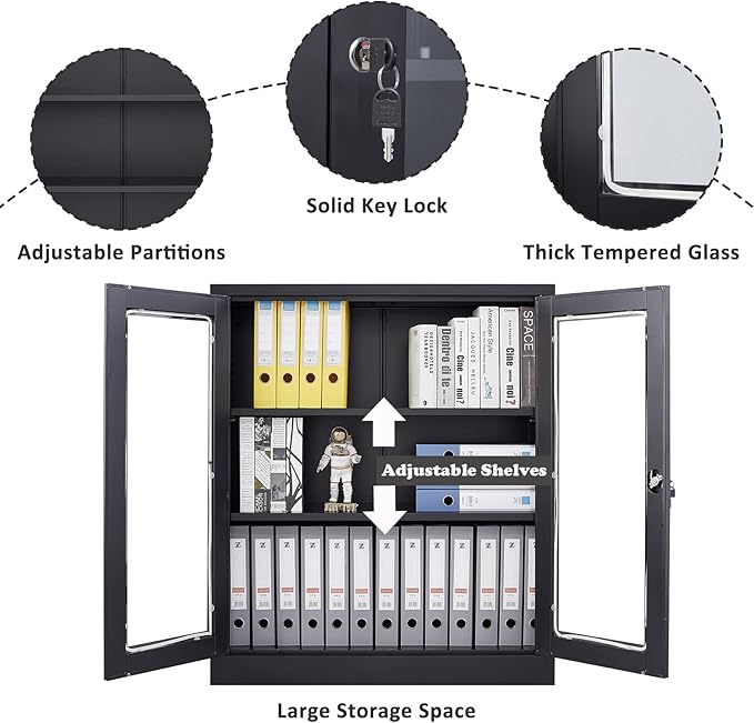 SISESOL Black Metal Storage Cabinet with Doors and Shelves,36 inch Locking Display Cabinet with Acrylic Doors,Office Cabinets with Lock,Sideboard Cabinets for Home Office,Living/Dining/Utility Room,