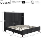 HOWE Queen Size 61" Corduroy Upholstered Bed Frame, Platform Bed with Vertical Stripe Wingback Headboard, No Box Spring Needed/Noise Free/Solid Wood Slats/Black