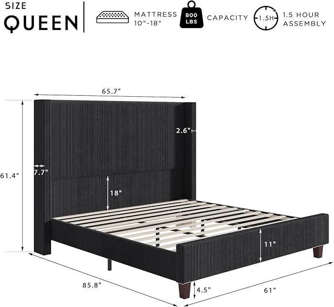 HOWE Queen Size 61" Corduroy Upholstered Bed Frame, Platform Bed with Vertical Stripe Wingback Headboard, No Box Spring Needed/Noise Free/Solid Wood Slats/Black