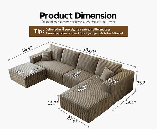 135.4" Cloud Sectional Couch with 1 Ottoman,Modern Modular Sofa with Deep Seat, Comfort U Shaped Sofa Couches for Living Room Bedroom Apartments,No Assembly Required, (Camel,Right Facing Chaise)