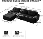 115.3” Black Boneless Couches for Living Room, Modular Sectional Sofa with L-Shape Chaise, 3 Seater Comfy Upholstered Deep Seat Corduroy Fabric Cloud Couch No Assembly, Anti-Slip Design