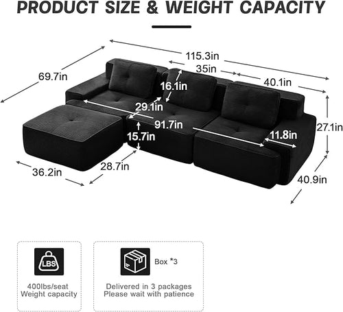 115.3” Black Boneless Couches for Living Room, Modular Sectional Sofa with L-Shape Chaise, 3 Seater Comfy Upholstered Deep Seat Corduroy Fabric Cloud Couch No Assembly, Anti-Slip Design