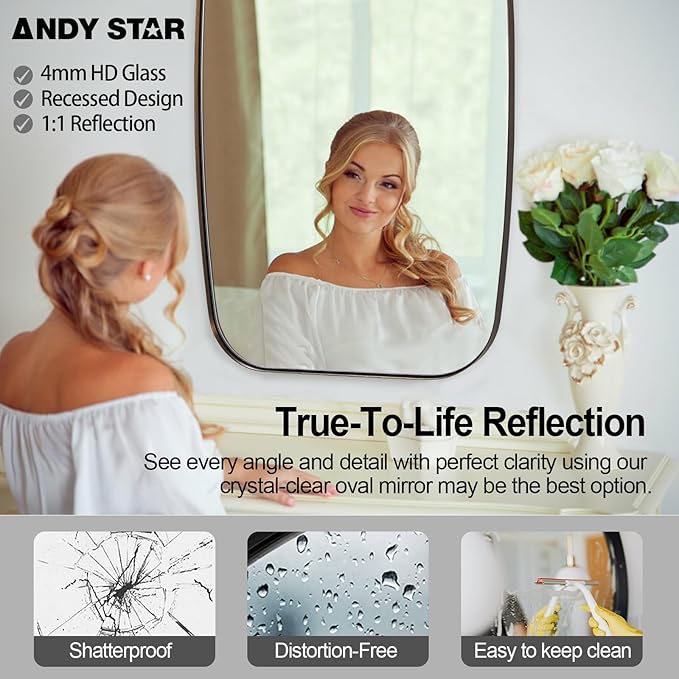 ANDY STAR Bronze Oblong Mirror, 24x36 Inch Brushed Bronze Oval Mirror for Bathroom with Stainless Steel Metal Frame, Wall Mouned for Bathroom, Living Room, Entryway
