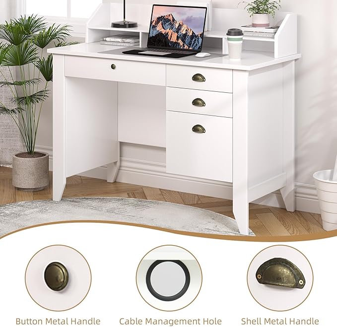 4 EVER WINNER White Desk with Drawers, Small Desk with File Drawer for Small Spaces, Writing Desk with Monitor Stand Wood Table for Home Office, White