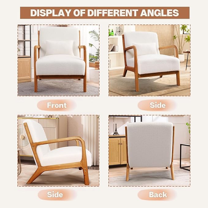 Accent Chair Mid Century Modern Chair Sherpa Fabric Living Room Chairs with Solid Wood Frame Comfy Upholstered and Lumbar Pillow Reading Side Chair Easy Assembly for Bedroom (1, White)