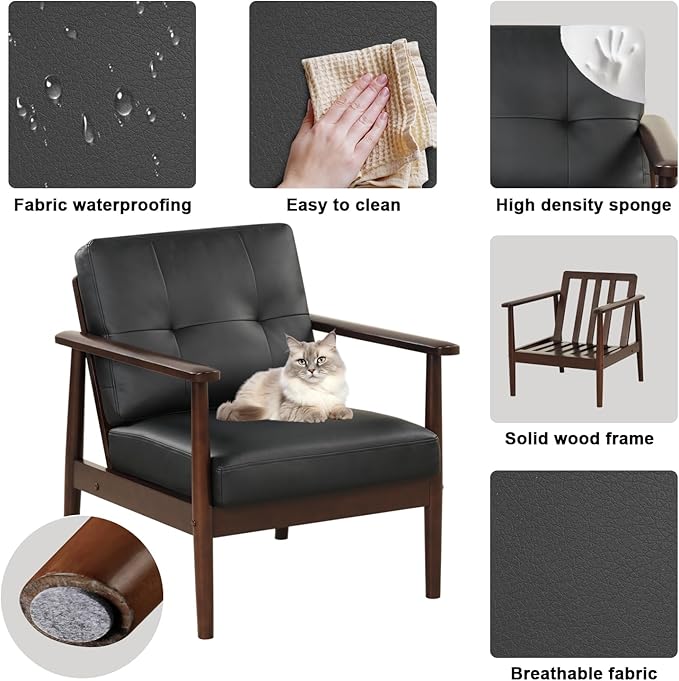 STHOUYN Mid Century Modern Chair, PU Leather Accent Chair Set of 2 with Wood Arms, Living Room Chairs, Reading Armchair for Bedroom, Waiting Room, Office