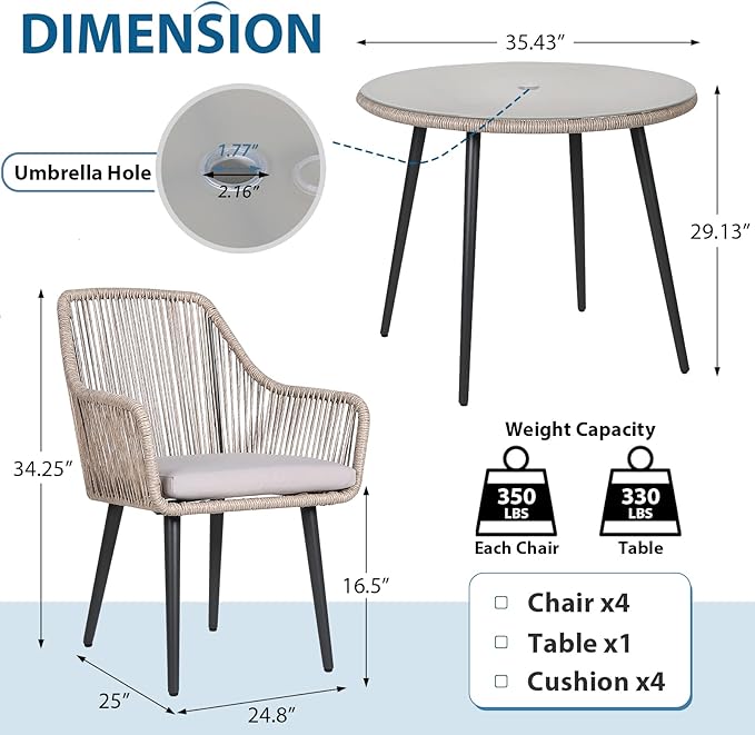 JOIVI 5 Piece Outdoor Dining Set, Wicker Patio Furniture Dining Table and Chairs Set with Cushions for 4 People, Tempered Glass Tabletop with 2.16” Umbrella Hole, for Lawn, Backyard, Garden