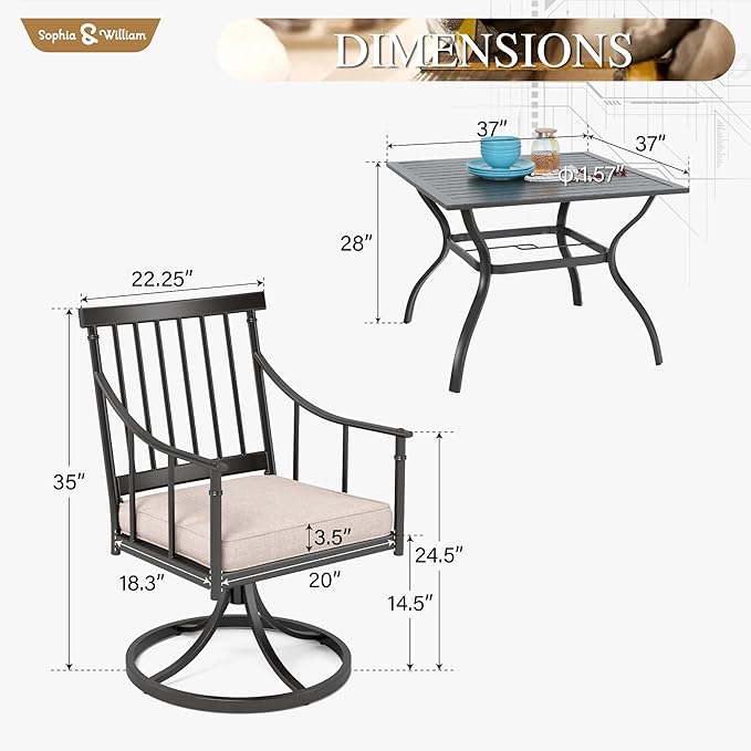 Sophia & William 5 Pieces Patio Furniture Set for 4, Metal Patio Outdoor Dining Set, Square Patio Dining Table and Swivel Chairs with Seat Cushions, Conversation Bistro Set for Garfden, Yard, Poolside
