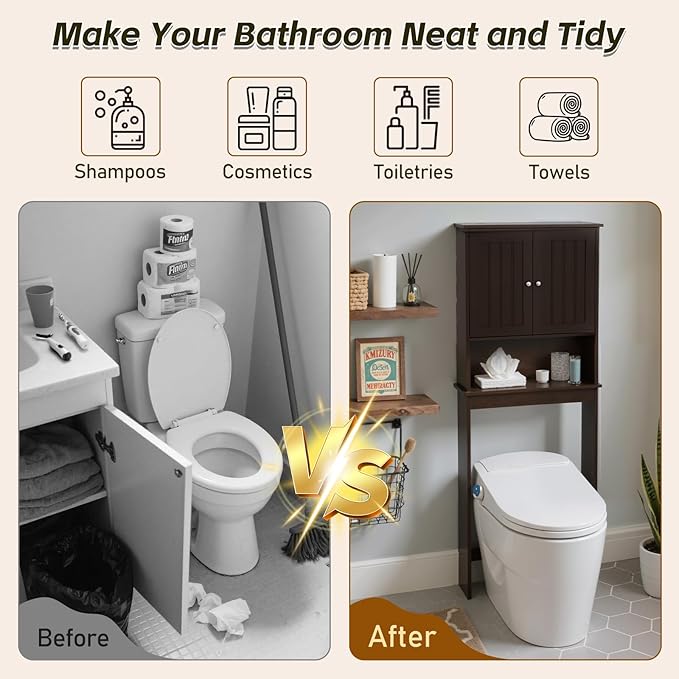 Over The Toilet Storage Cabinet, Behind Toilet Bathroom Organizer with Adjustable Shelves, Wooden Above Toilet Storage Shelf, Space Saver for Restroom, Bathroom, Laundry