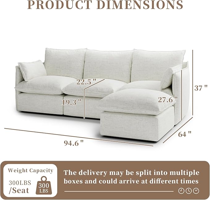 Waterproof Cloud Sectional Couches,High Backrest Down Filled Sofa for Living Room,94.5" Modular Sofas L-Shaped with Ottoman,Detachable Couch Covers,Cream White