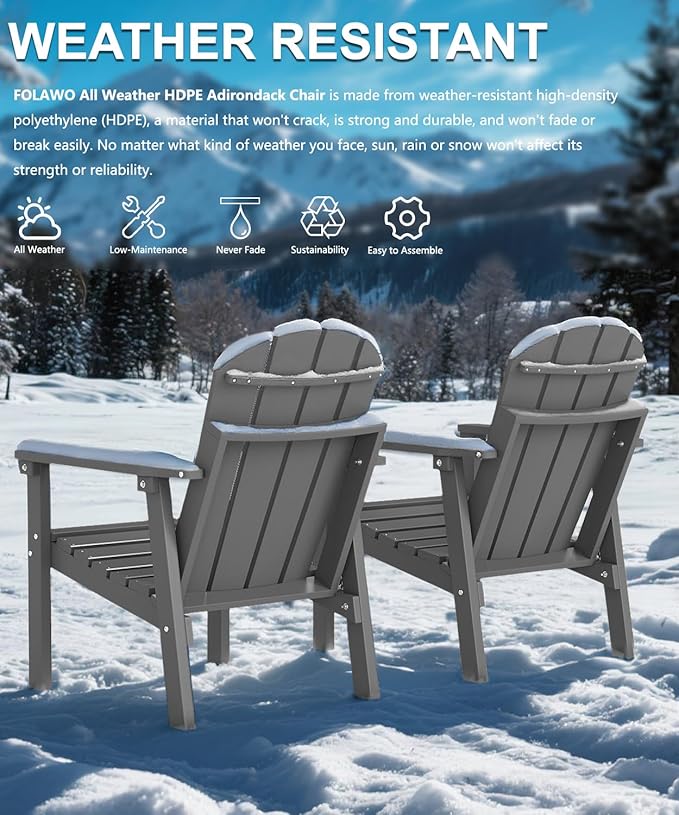 Adirondack Chair Set of 4, All Weather HDPE Fire Pit Chairs, Oversized Plastic Adirondack Chair for Outdoor, Balcony, Deck, Backyard, Patio, Garden, Poolside, Lawn Grey