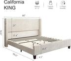 HOWE California King Size Upholstered Platform Bed Frame, Wingback Bed with 50.8" Headboard, Corduroy/Solid Wood Leg/No Box Spring Needed/Noise Free Sturdy Structure/Cream