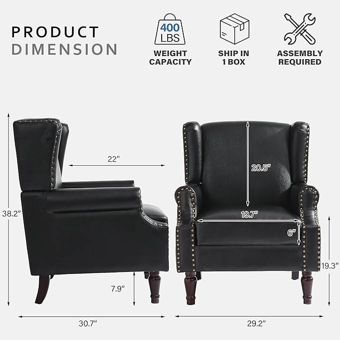 Lumibee Accent Chair, Faux Leather High Back Armchair or Living Room, Comfy Upholstered Single Sofa Reading Chair with Solid Wood Legs for Office, Bedroom, Waiting Room-Black