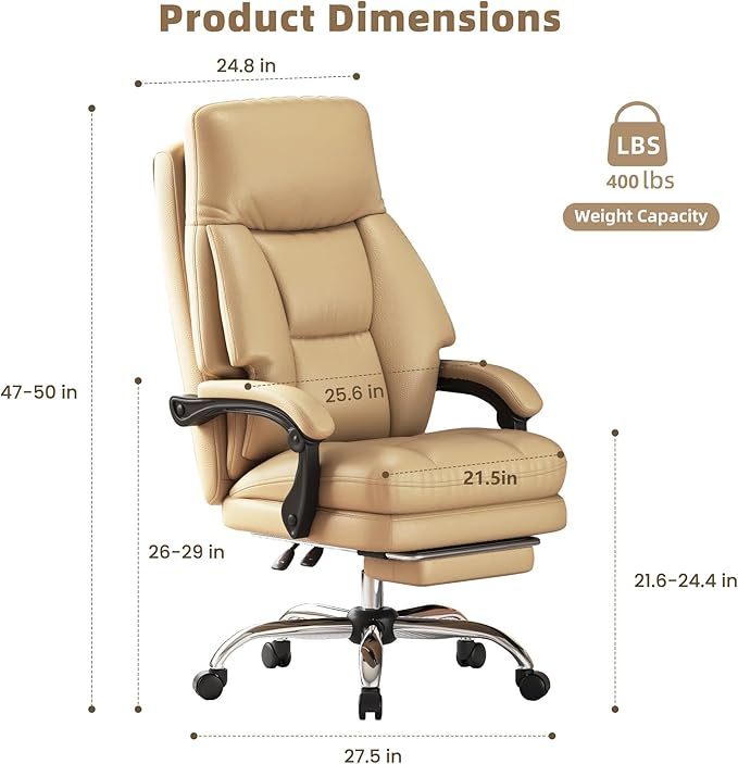 Home Office Desk Chair, 90°-160° Reclining, High Back Executive OfficeChair 400LBS with Footrest, Ergonomic Scratch-Resistant Faux Leather Computer Gaming Chair with Lumbar Support