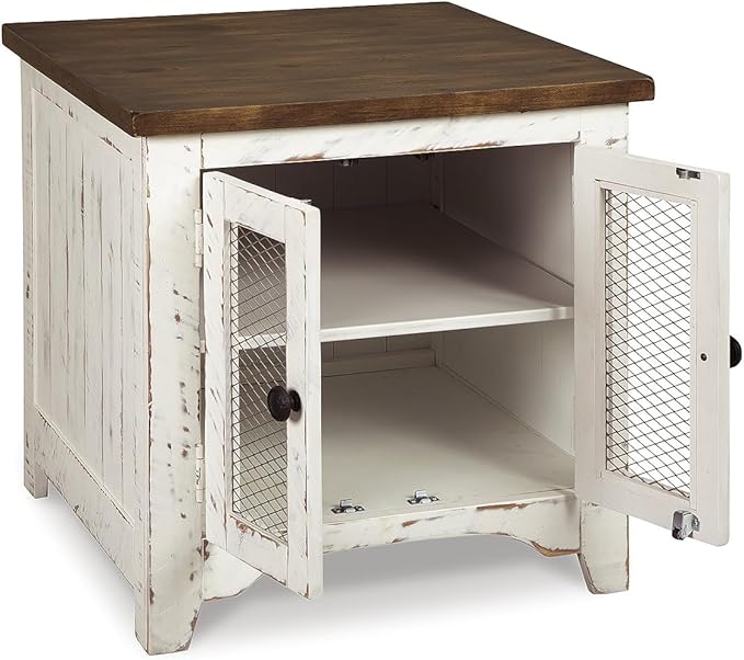 Signature Design by Ashley Wystfield Farmhouse End Table with Storage, Distressed White & Brown Finish
