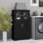Tangkula Freestanding Floor Cabinet w/2 Glass Doors, 3-Level Adjustable Shelves, Anti-toppling Design, Kitchen Pantry Cupboard for Bathroom, Living Room (Black)