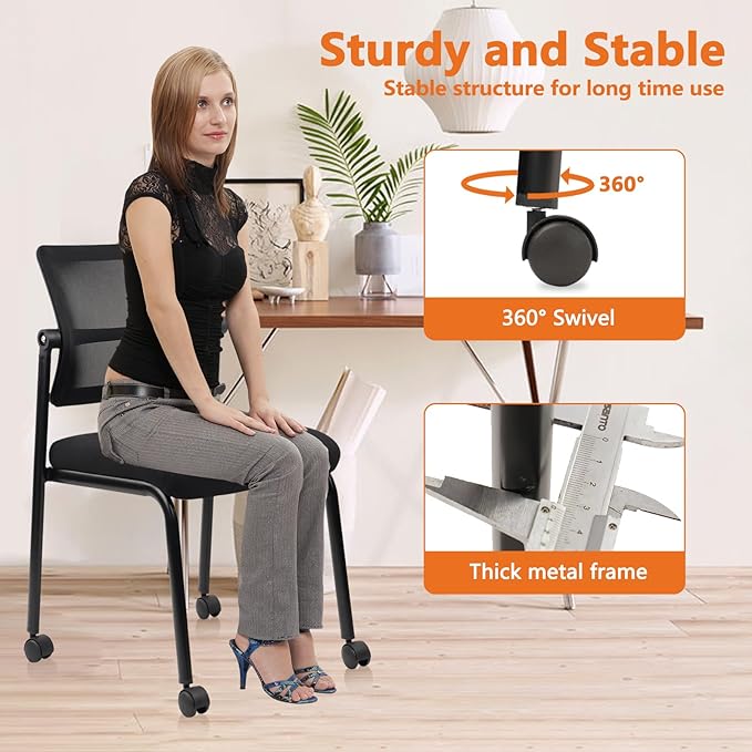 CLATINA Stacking Armless Office Guest Chair with Wheels, Stackable Mesh Waiting Room Reception Desk Chairs with Adjustable Backrest for Conference Lobby Side School, Black, 8PK